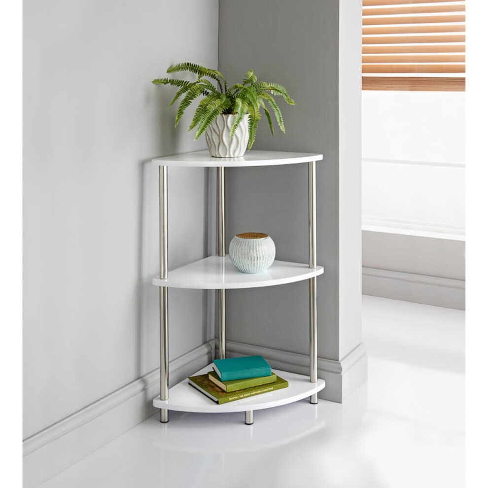 3 Tier White High Gloss Table Corner Storage Shelves Unit Stainless Steel Legs