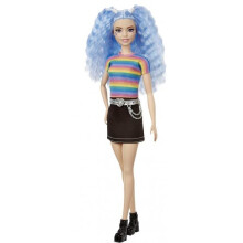 Barbie Fashionistas Bambola con Capelli Blu e Trucco Star, T-shirt Stripes, Gonna di Jeans, Stivali Neri