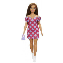 Barbie Fashionistas Poppen #171, Curvy, Vitiligo, Lang Bruin Haar, Off-shoulder Polkadot Jurk