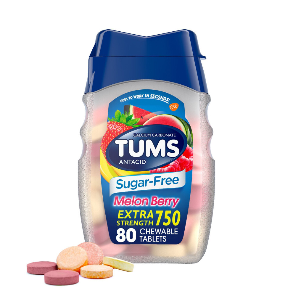Tums Sukkerfri Syreneutraliserende Middel, MelonbæR, Ekstra Styrke 750, 80 Tabletter-image