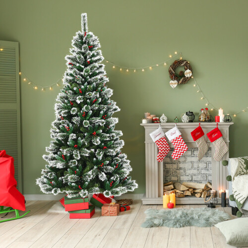 Gymax 7 ft Snow Flocked Artificial Christmas Tree Hinged Slim Xmas Tree W/ Red Berries