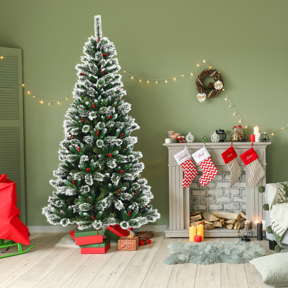 7 ft Snow Flocked Artificial Christmas Tree Hinged Slim Xmas Tree W/ Red Berries
