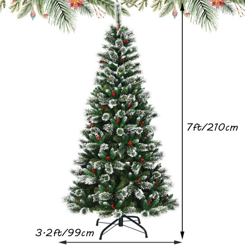 Gymax 7 ft Snow Flocked Artificial Christmas Tree Hinged Slim Xmas Tree W/ Red Berries 1