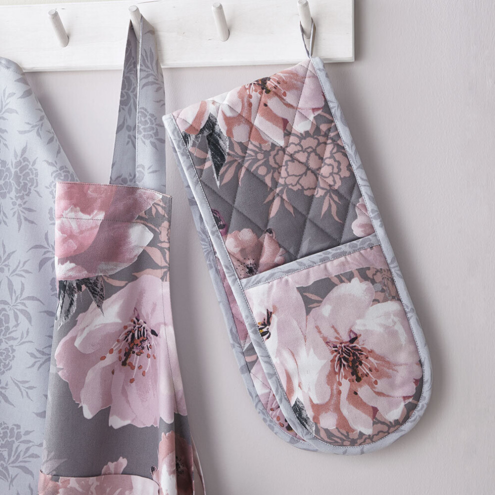Catherine Lansfield Dramatic Floral 100% Cotton Double Oven Glove, Grey