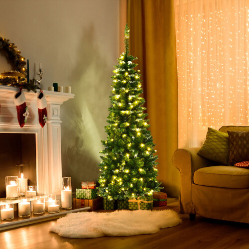 Gymax 4.5 FT Artificial Pencil Christmas Tree Pre-Lit Hinged Fir w/ 226 Tips Slim Tree