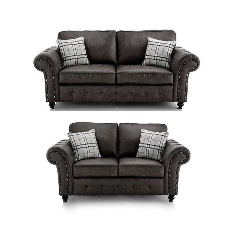 (Tan Black) Oakland Suede Leather 3 2 Seater Sofa Set