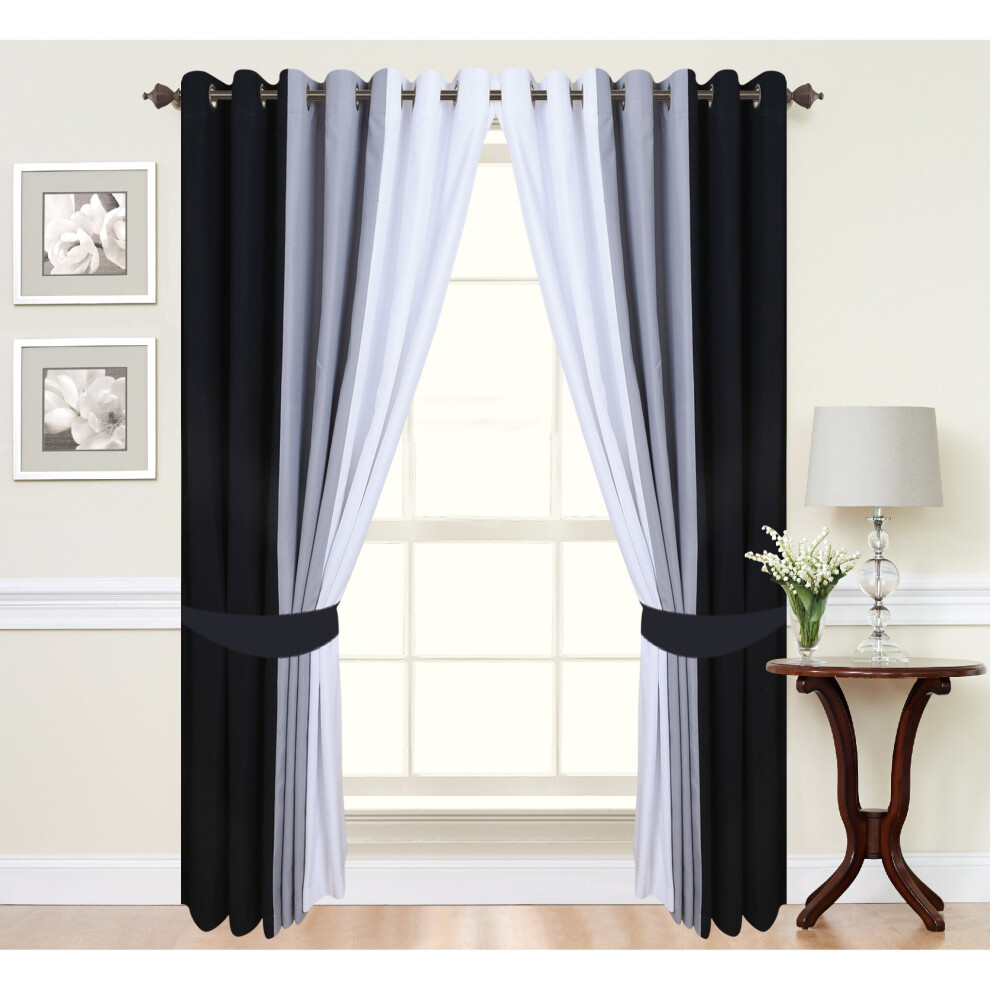 (52"wide x 72"drop) Eyelet Curtains Ring Top lined ready made 3 Tone Black Grey White