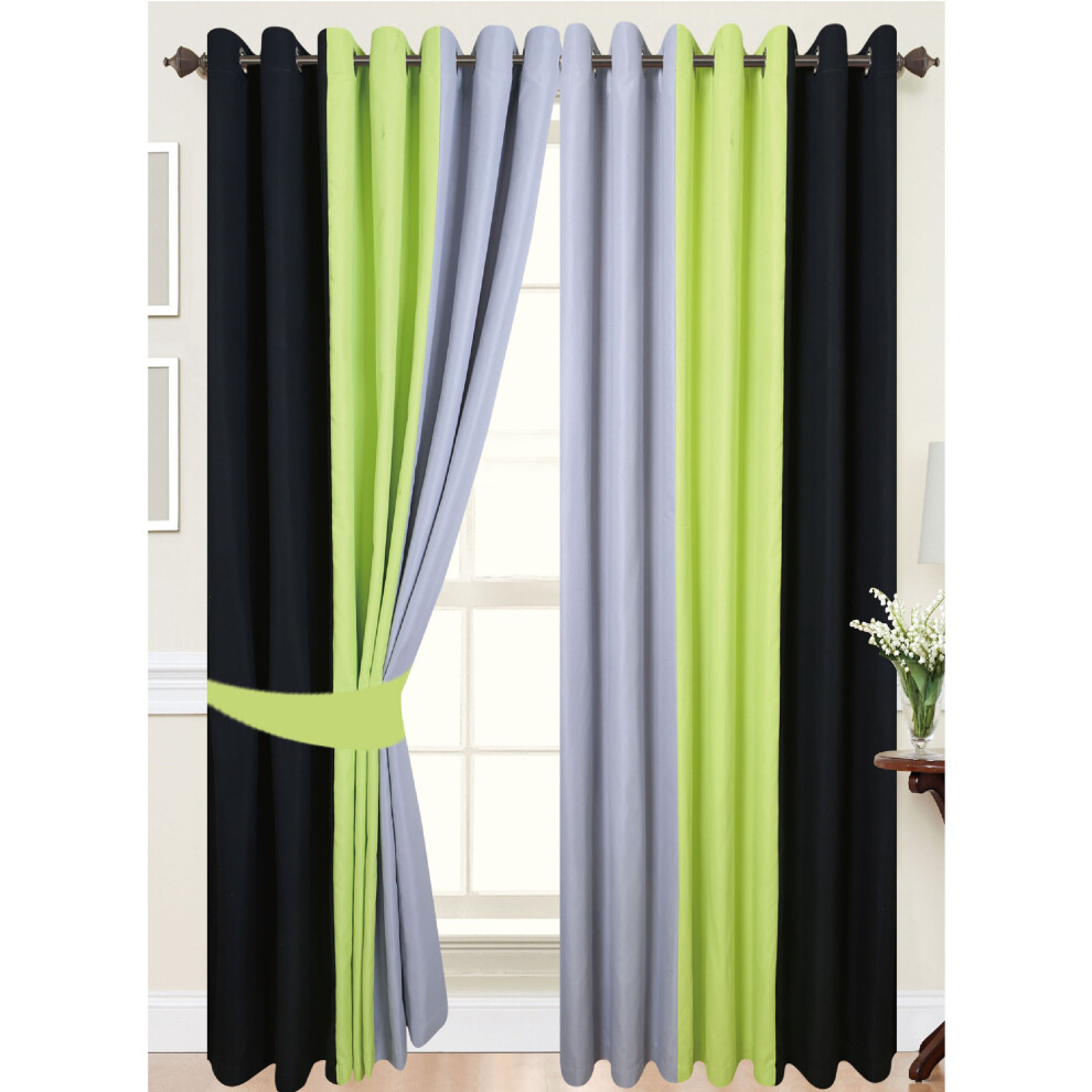 (52"wide x 90"drop) Eyelet Curtains Lined 3 Tone Black Lime Green Grey