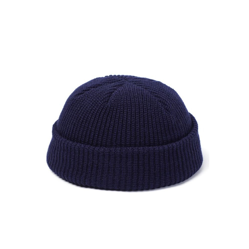 (Navy) Wool Knit Cuff Short Fisherman Beanie for Men Women Winter Warm Hats