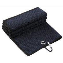 (Black) Tri-fold Golf Towel Waffle Pattern with Carabiner