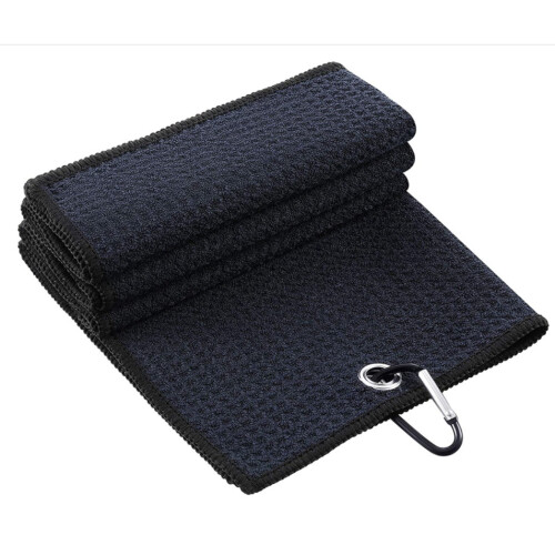 (Black) Tri-fold Golf Towel Waffle Pattern with Carabiner