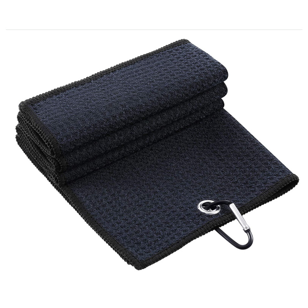 (Black) Tri-Fold Golf Towel Waffle Pattern With Carabiner Black