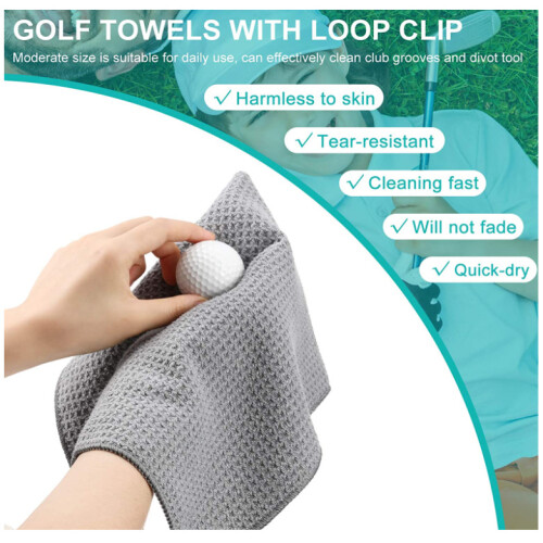 (Grey) Tri-fold Golf Towel Waffle Pattern with Carabiner 1