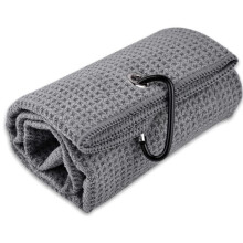 (Grey) Tri-fold Golf Towel Waffle Pattern with Carabiner