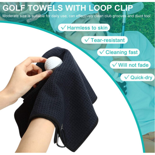 (Black) Tri-fold Golf Towel Waffle Pattern with Carabiner 2