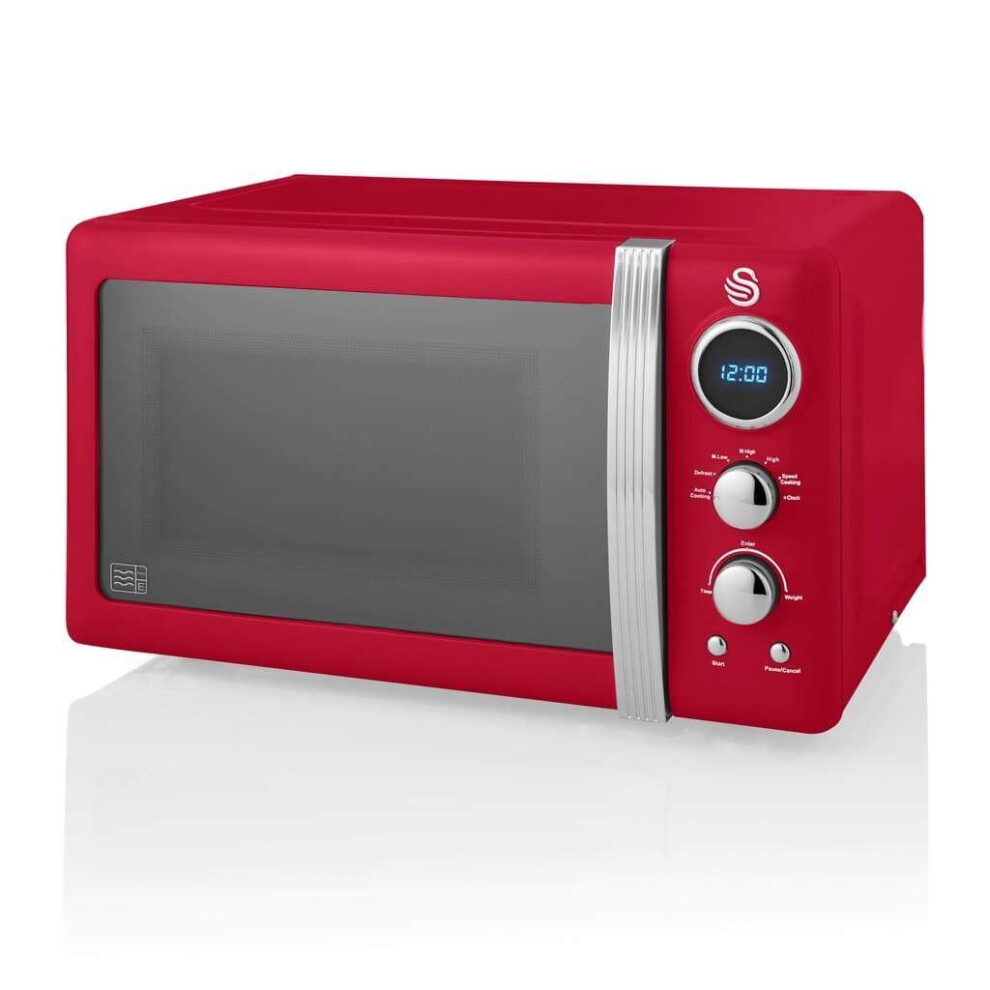 (Red) Swan Retro Digital LED 20L Microwave 800W Freestanding Countertop Five Power Levels