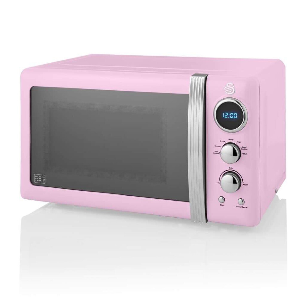 (Pink) Swan Retro Digital LED 20L Microwave 800W Freestanding Countertop Five Power Levels