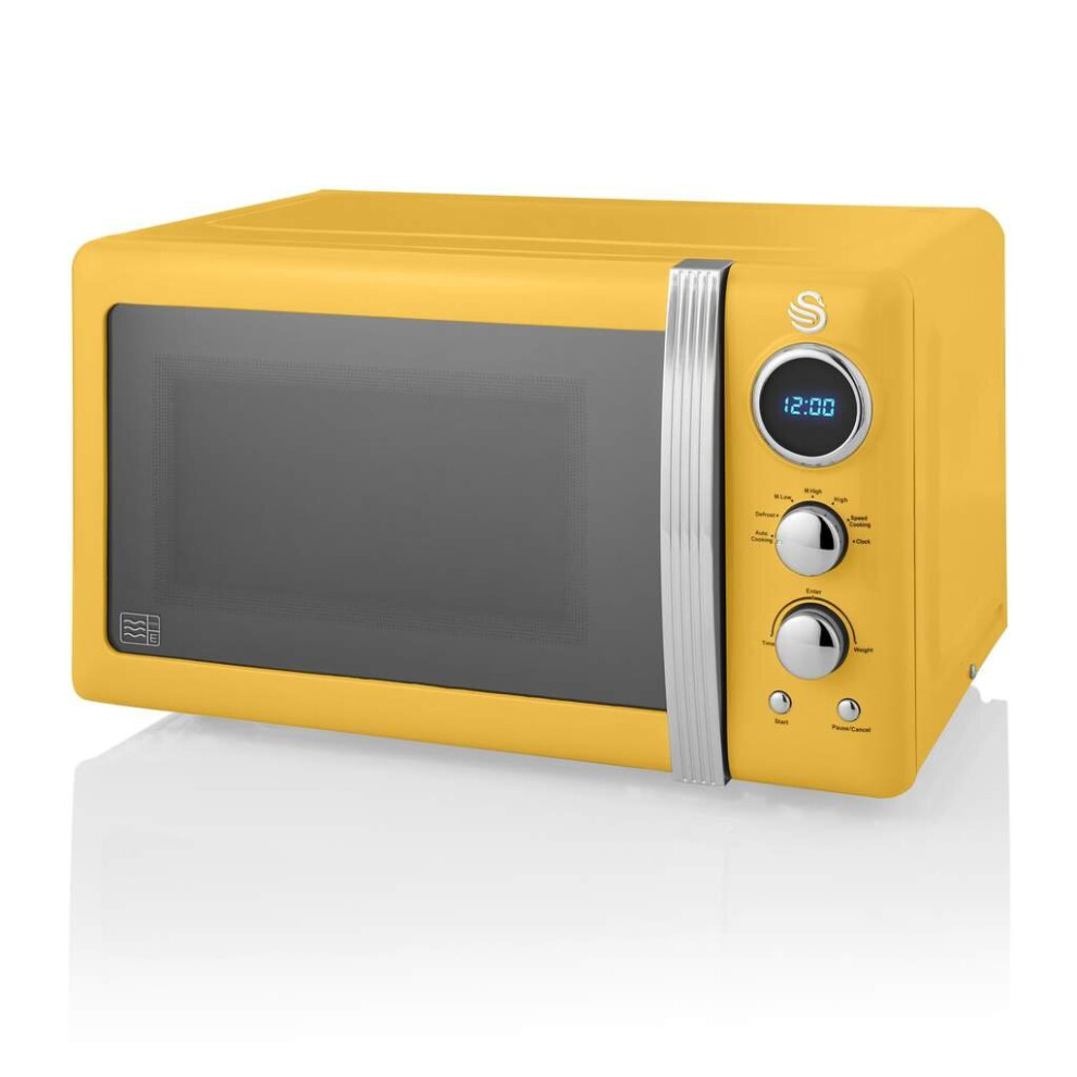 (Yellow) Swan Retro Digital LED 20L Microwave 800W Freestanding Countertop Five Power Levels