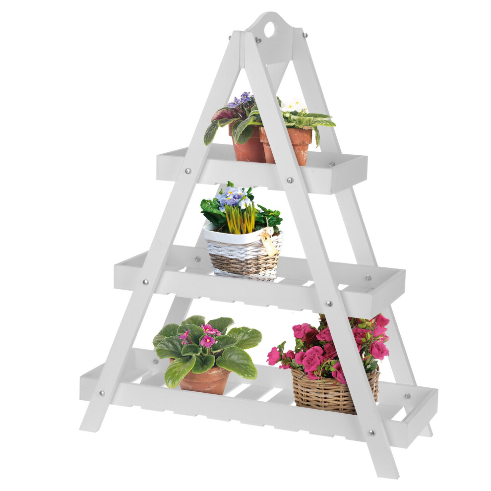 (White) 3-Tier Triangular Wooden Plant Ladder Stand