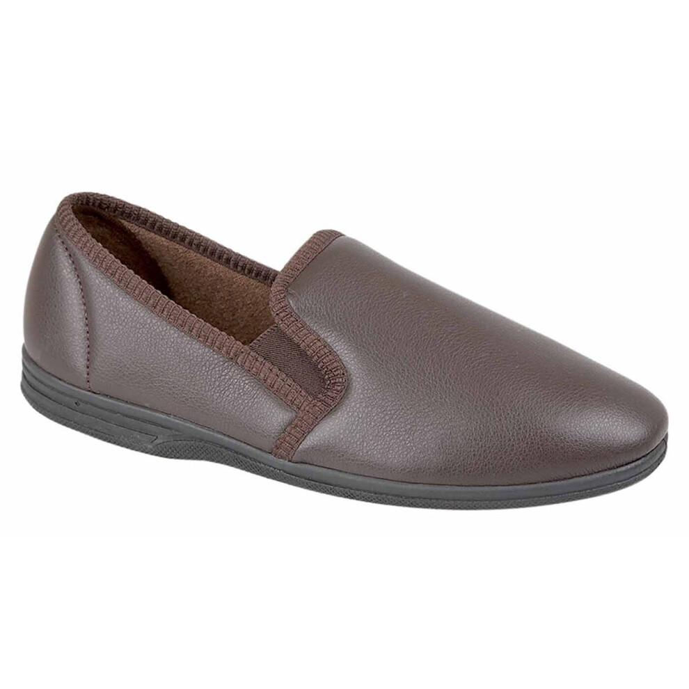 Zedzzz Mens Ivor Grained Leather Look Full Slippers Brown Grain Pu 10 UK
