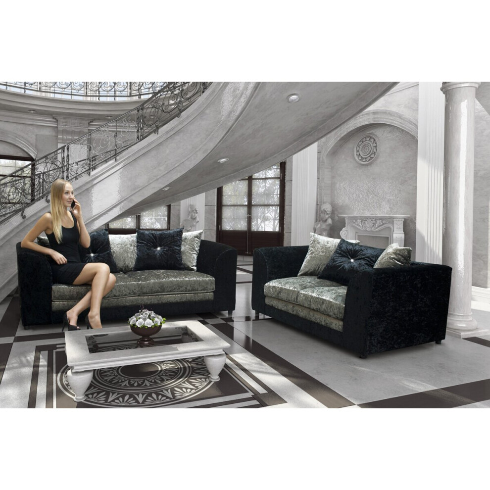 (Black-silver, 3 + 2 seater) Leo Crushed Velvet 3 & 2 Seater Sofa Set