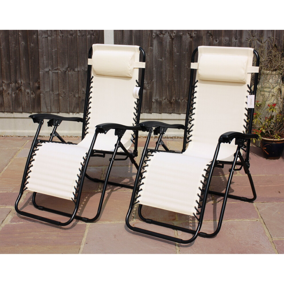 (Cream) Set Of 2 Reclining Sun Loungers Gravity Folding Garden Chairs