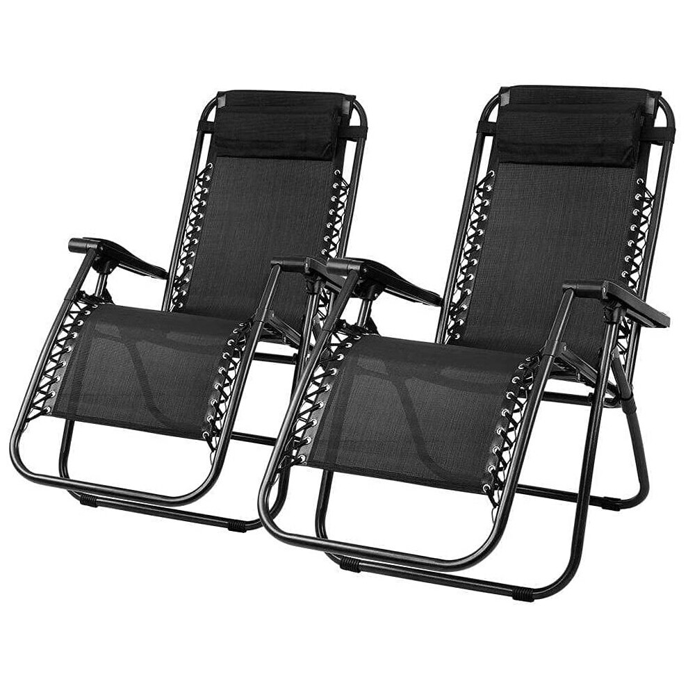 (Black) SET OF 2 RECLINING SUN LOUNGERS GRAVITY FOLDING GARDEN CHAIRS