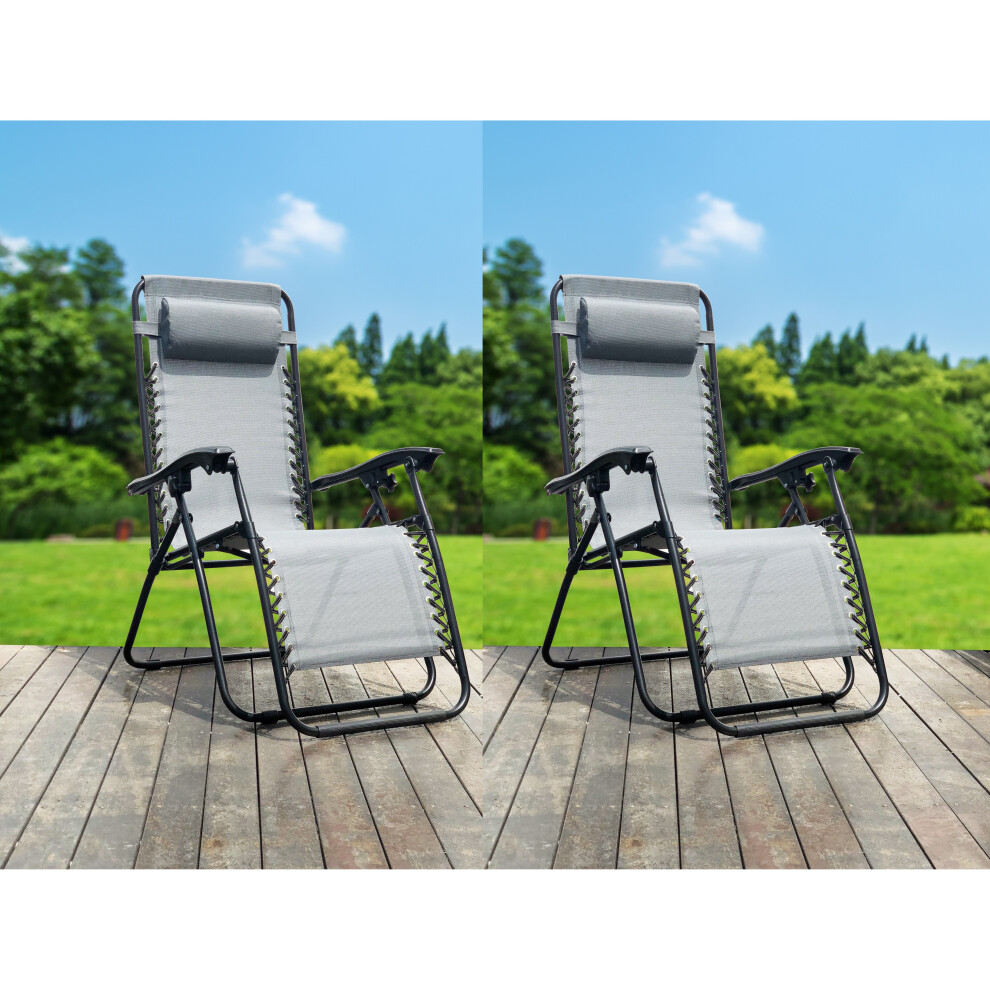 (Grey) SET OF 2 RECLINING SUN LOUNGERS GRAVITY FOLDING GARDEN CHAIRS