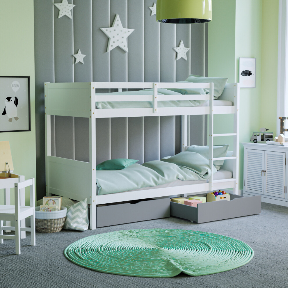 (Grey) Gemini Detachable Kids Bunk Bed with Wooden Drawers High Sleeper Pine Stairs