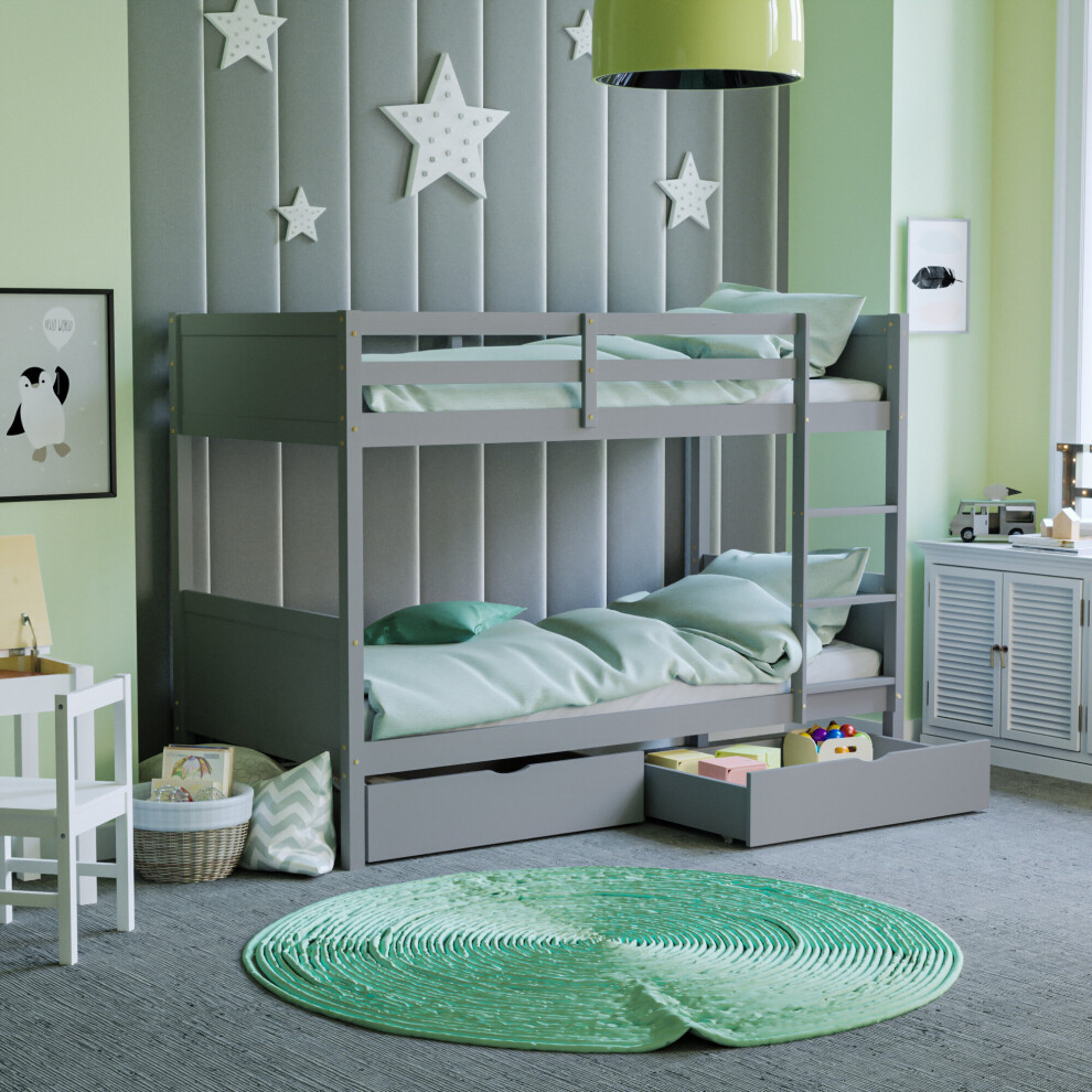 (Grey) Gemini Bunk Bed with Drawers Storage Set Pine Wood