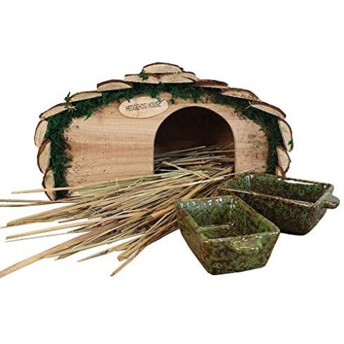 Wooden Hedgehog House With Ceramic Food & Water Dish Set & Nesting Straw