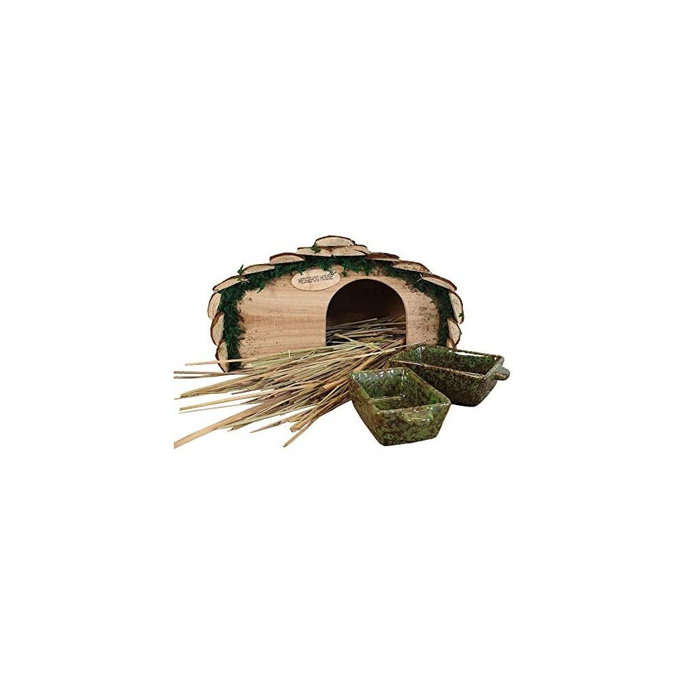 Wooden Hedgehog House With Ceramic Food & Water Dish Set & Nesting Straw