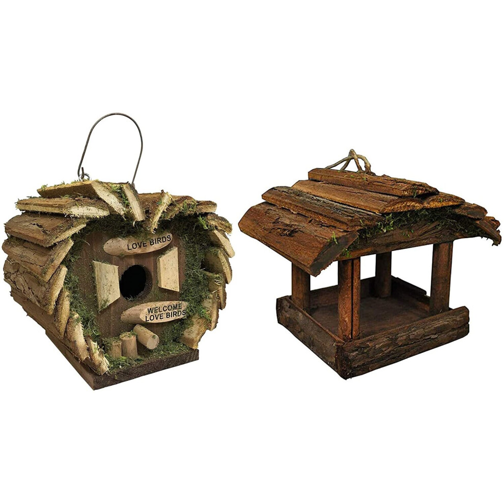 Hanging Wooden Bird Table & Love Bird Nest Box Set