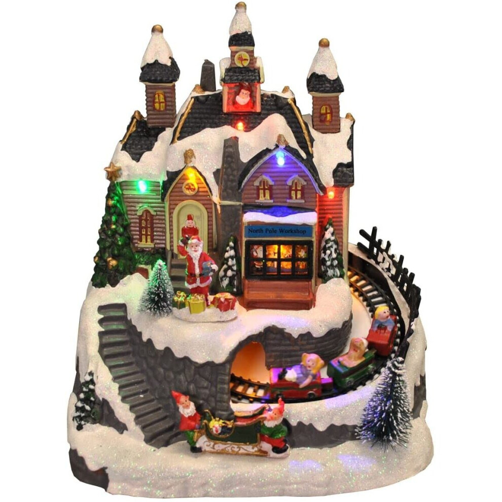 Santa Christmas Scene Ornament with Lights Moving Train and Sound