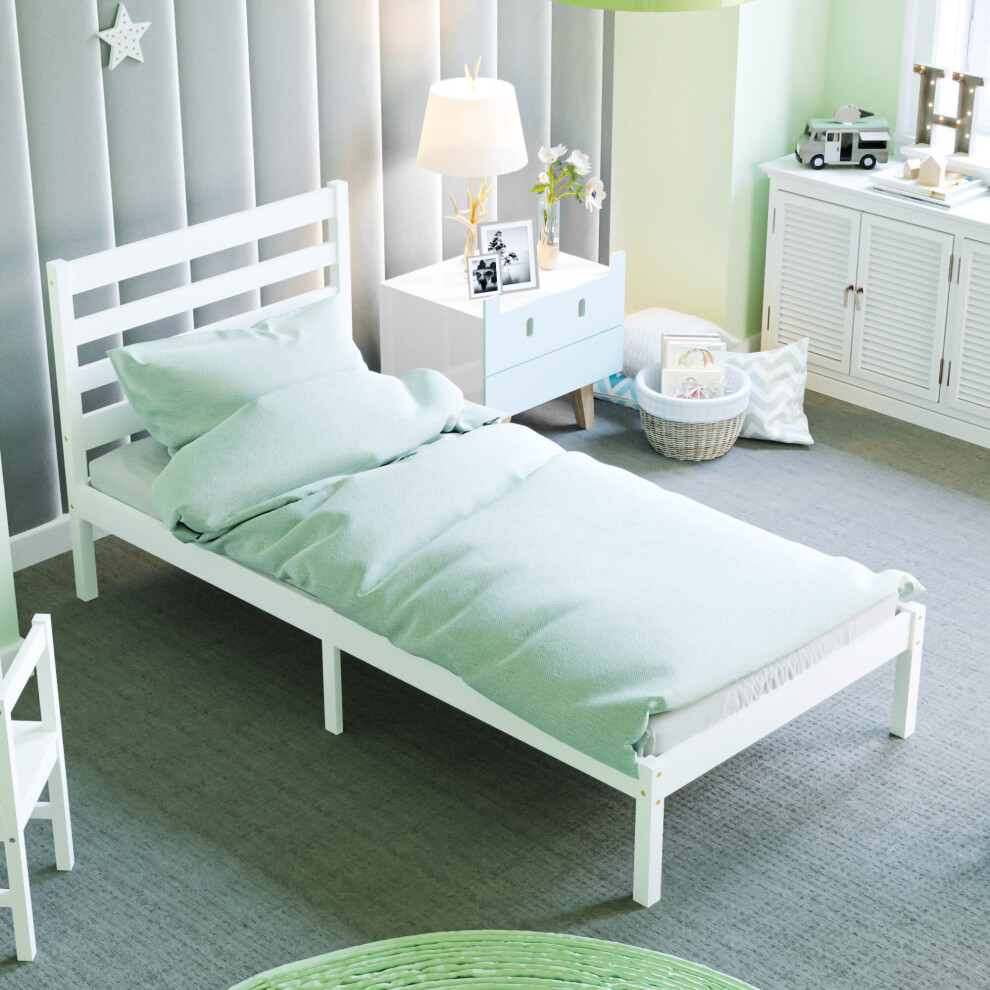 (White) Libra Bed Frame Kids Headboard Slatted Pine Wood