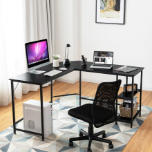 L-Shaped Desk W/ 2-Teir Storage Shelf Premium Metal Frame & Solid Footrest