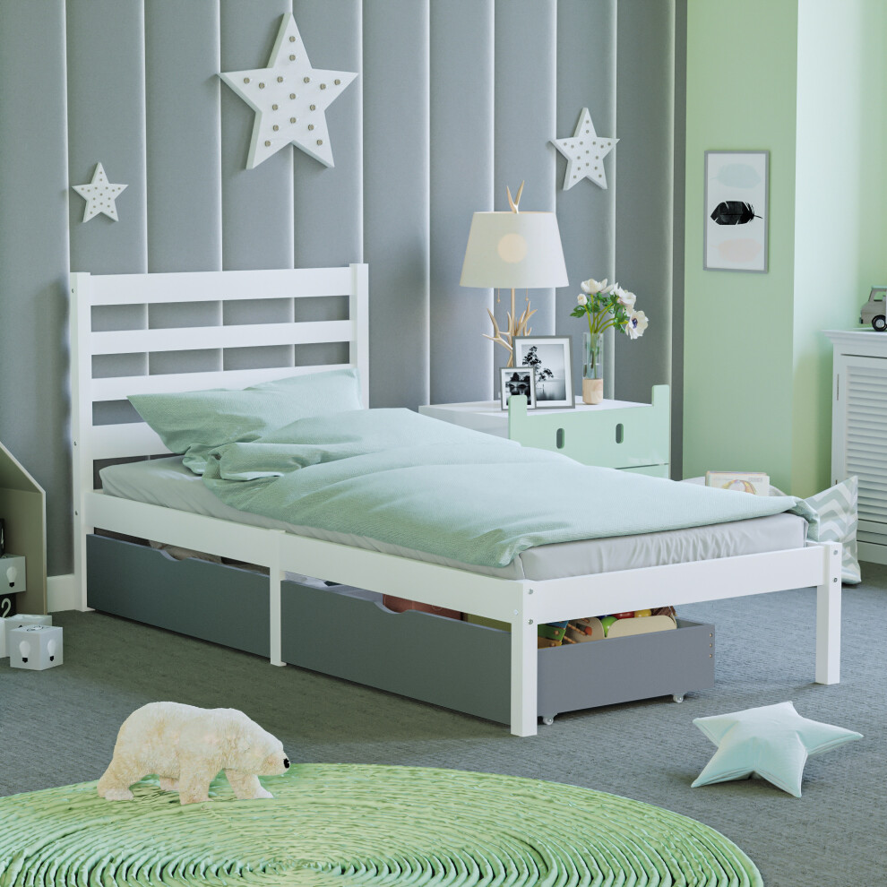 (Grey) Libra Kids Single Bed Under Bed Storage Drawers Wooden Solid Pine Child Bedroom