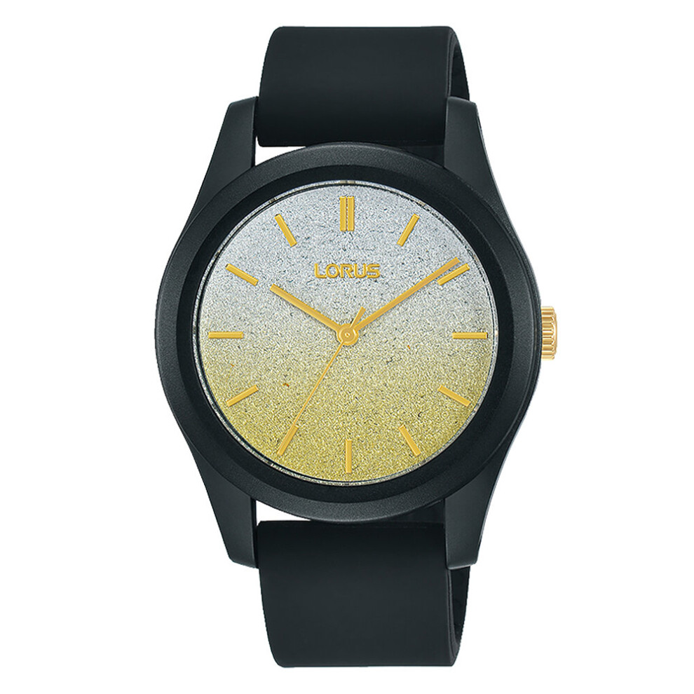 Ladies Sports Watch with Black Silicone Strap & Gold Glitter Effect Dial