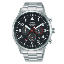 Mens Aviator Chronograph Watch with Stainless Steel Strap & Black Dial