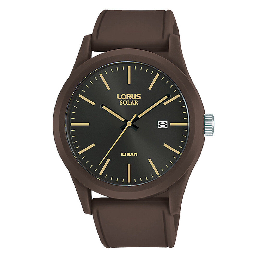 Lorus Mens Sports Solar Watch With Brown Silicone Strap & Brown And Gold Face Brown,Gold