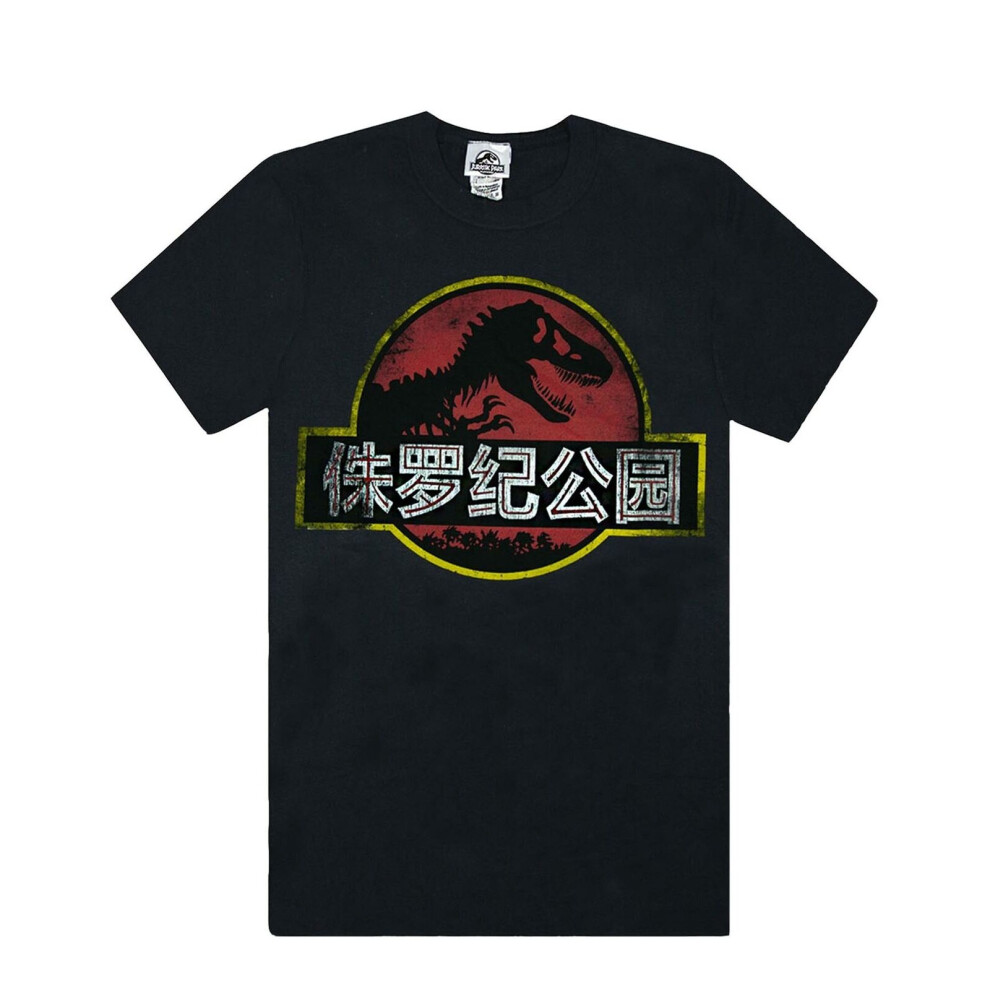 (Small) Jurassic Park Chinese Distressed Logo Men's T-shirt
