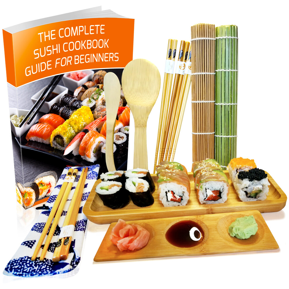 Sushi Making Kit - Bamboo Sushi Rolling Mat and Serving Set with Book