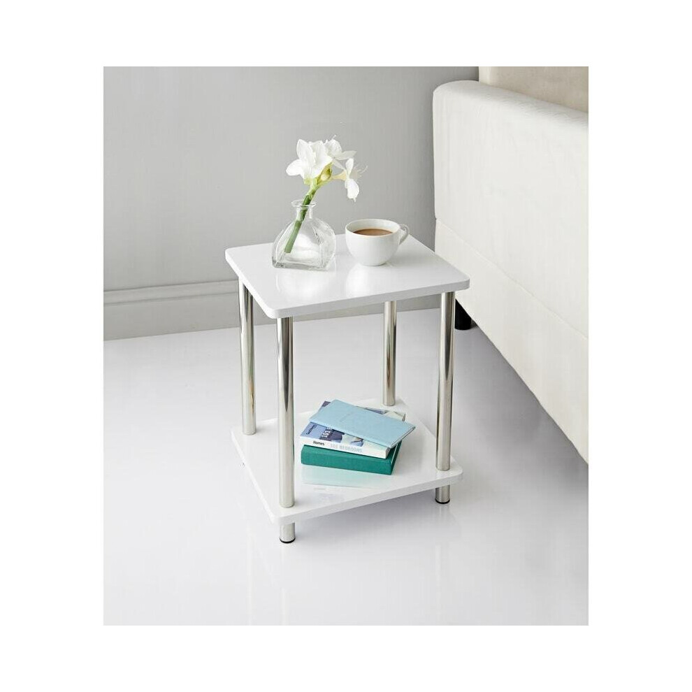 Small 2 Tier White Gloss Finish Side Table with Shelf Bedroom Coffee End Table