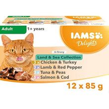 Iams Delights Wet Food Land and Sea Collection with Meat and Fish in Gravy, 12 x 85g