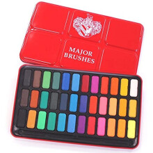 Major Brushes Artist Watercolour Paint Tin 36 Blocks Red Metal Lid
