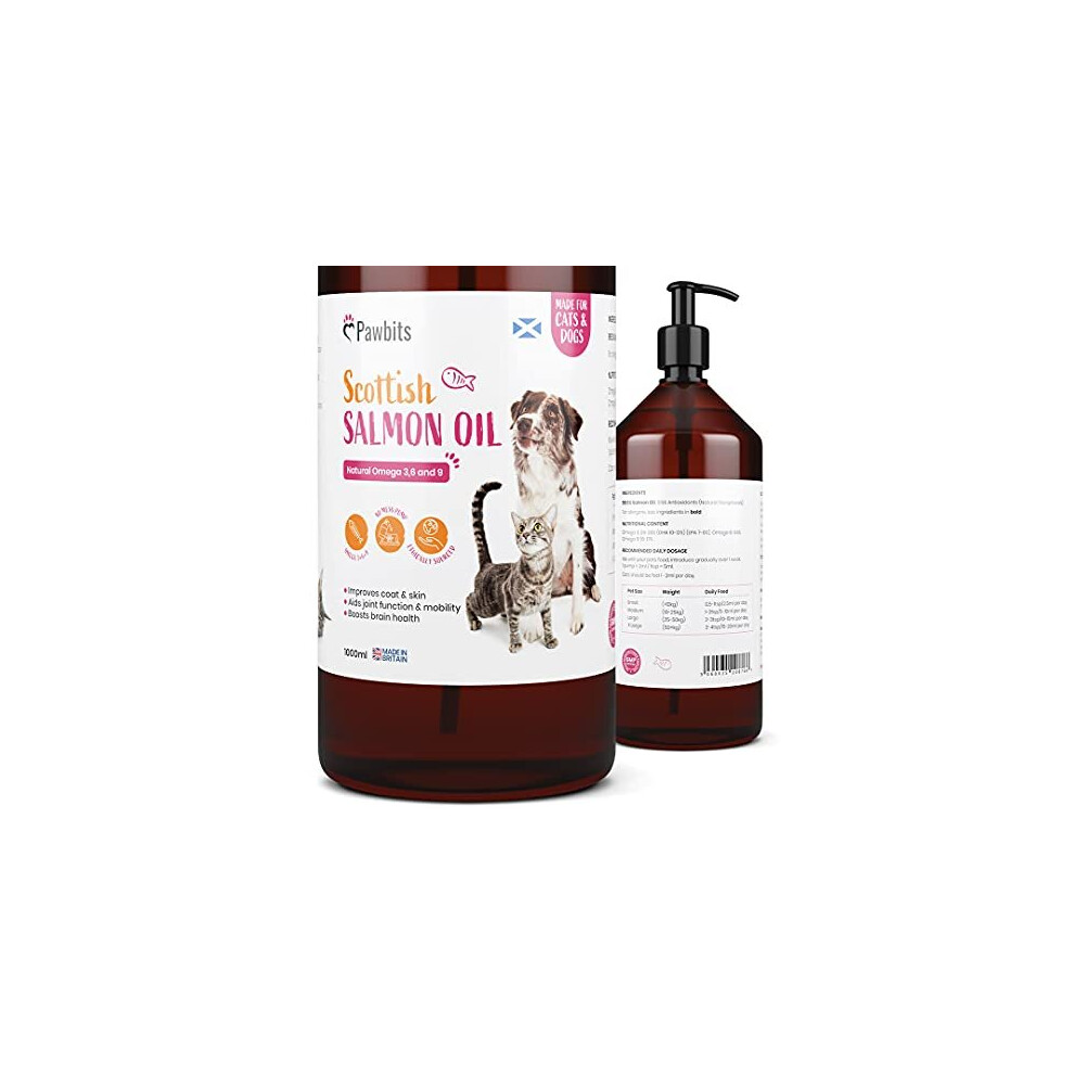 Pawbits Scottish Salmon Oil For Cats & Dogs (1 Litre) - Natural Omega 3+6+9, Healthy Coat & Immune System Fish Oil