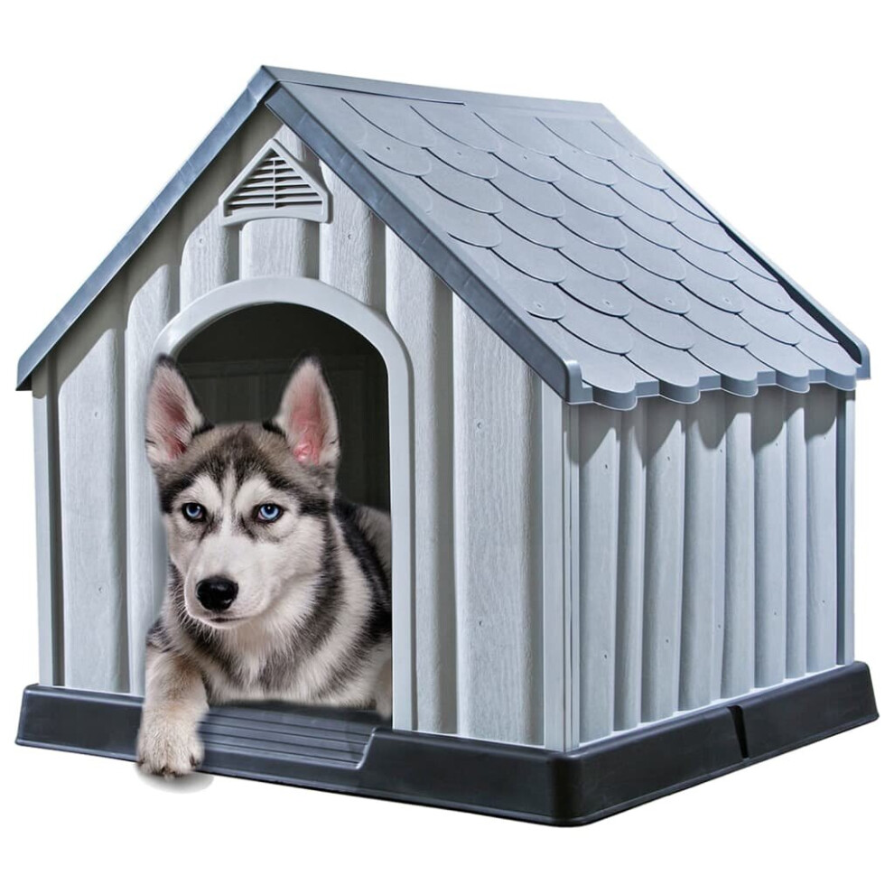 vidaXL Dog House Grey Plastic Outdoor Garden Dog Pet Supply Cage Kennel Cabin