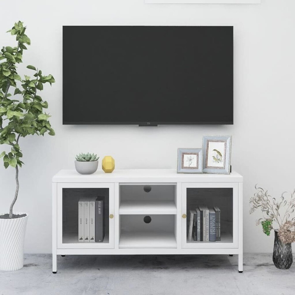 vidaXL TV Cabinet White Steel and Glass Stereo Cabinet TV Stand Unit Lowboard