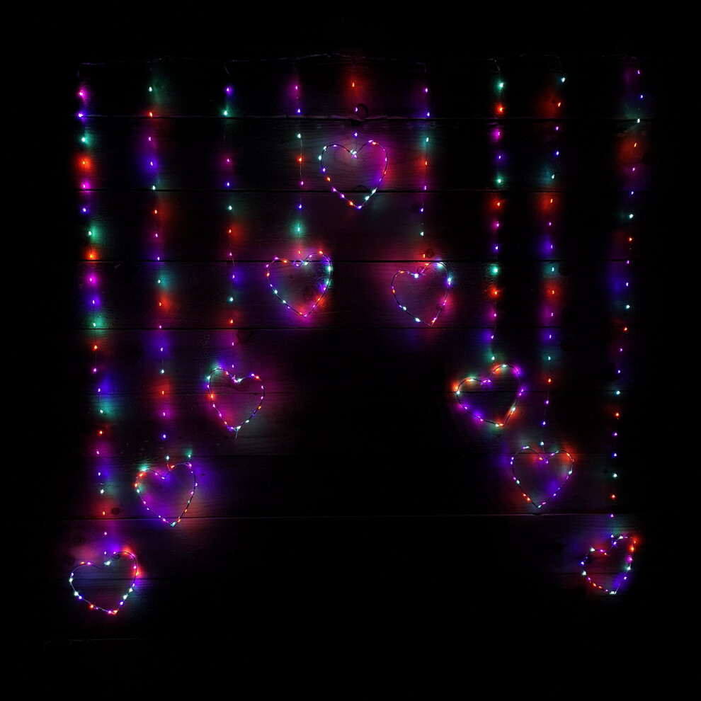 Rainbow LED Heart Curtain Lights Festive Christmas Window Net Lights 1.2M X 1.2M Lit Area