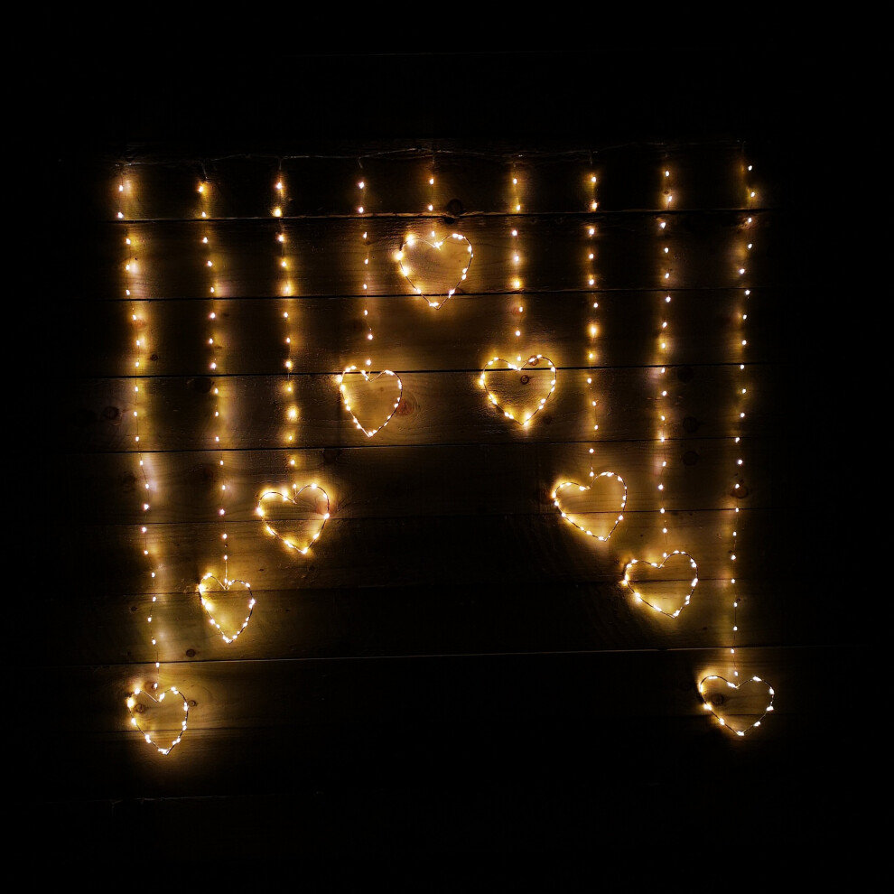 1.2m Premier Christmas Static Heart LED Silver Pin Wire V Curtain Lights in Warm White